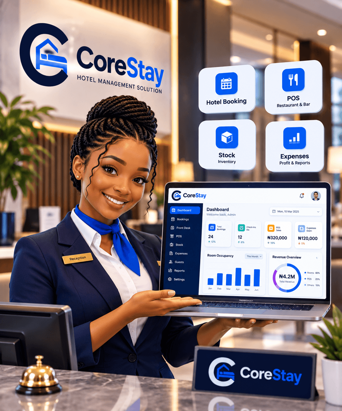 CoreStay hotel receptionist managing bookings, POS, stock and expenses